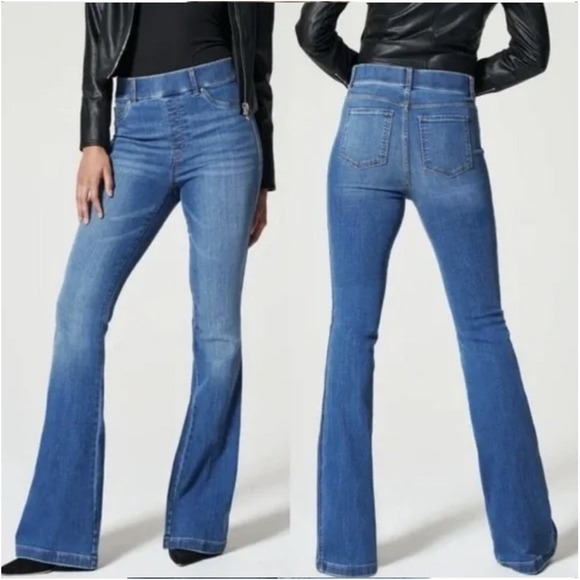 Spanx Flare Wide Leg Leg Pull On Jeans Denim‎ Comfort Stretch Medium Wash Small - Picture 1 of 8